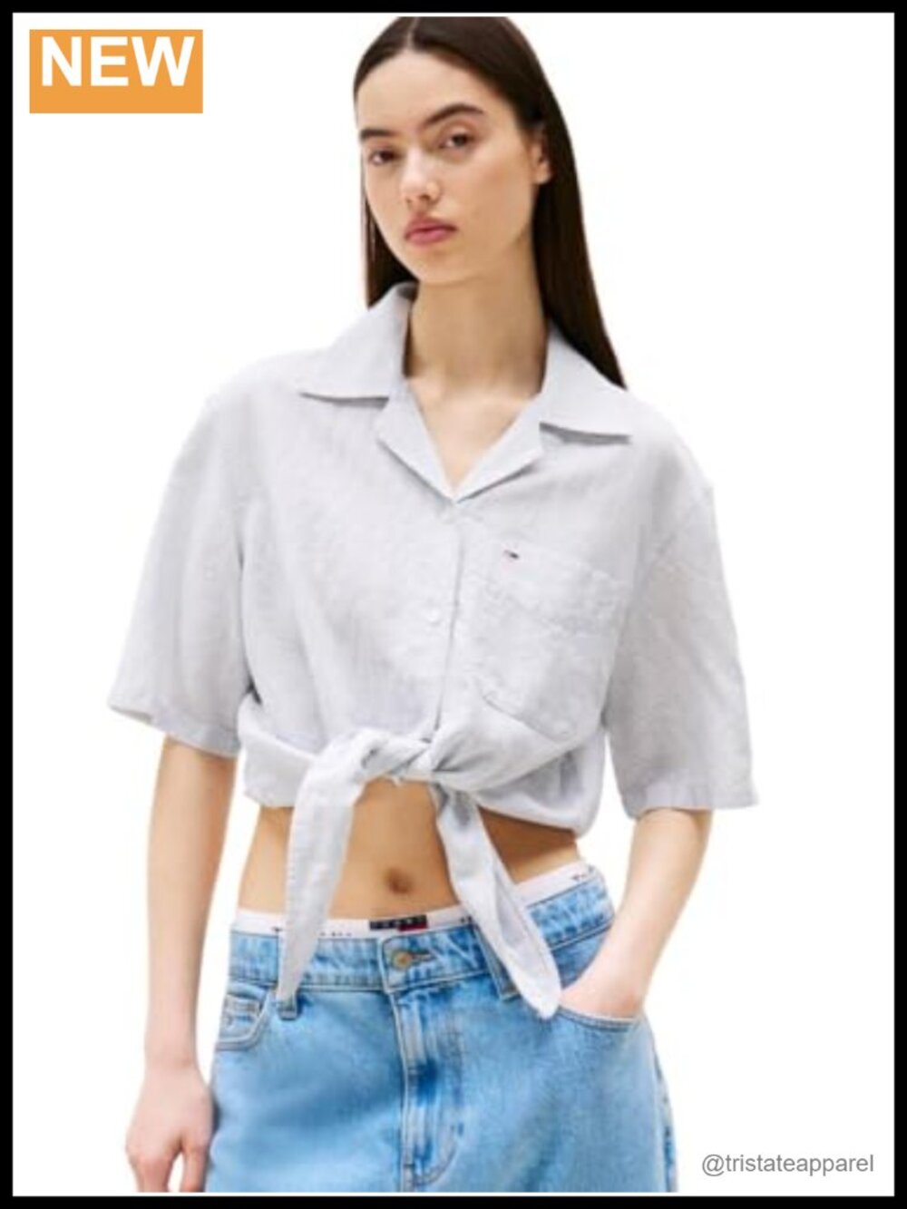 Crop Linen Button Down Shirt with Front Tie Detail